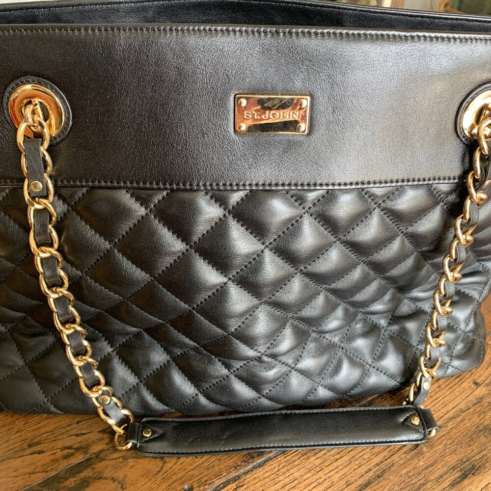 St John Black Quilted Leather Handbag/Tote